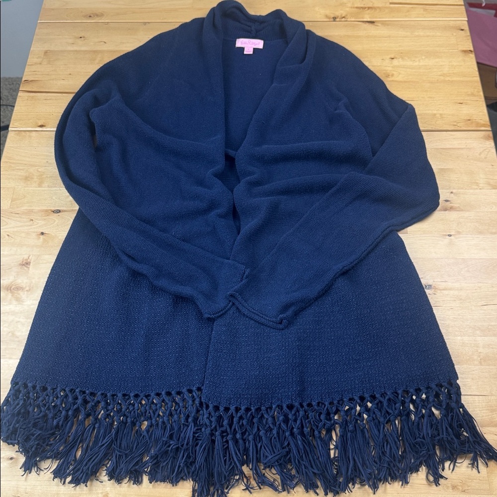 Lilly Pulitzer Tatum Long Fringe Hem Open Cardigan Navy Blue Size L